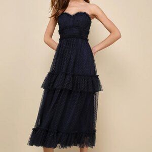 Delightful Bliss Navy Mesh Swiss Dot Strapless Midi Dress